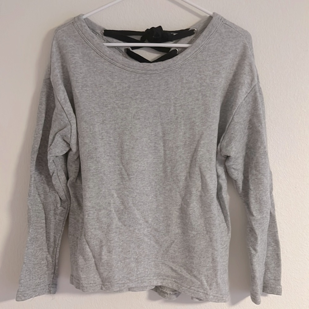 Lace tie low cut gray sweater